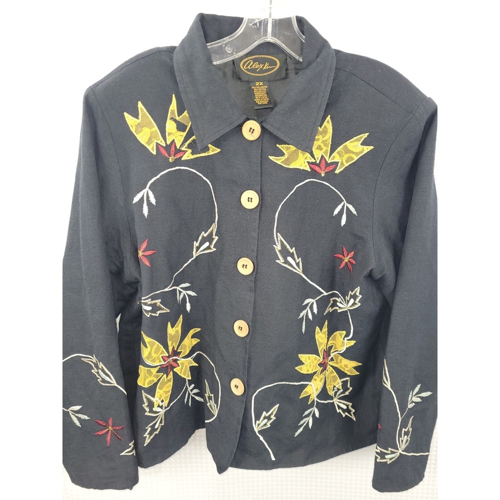 Alex Kim Floral Embroidered Black Button Front Jacket Size 2X Lined